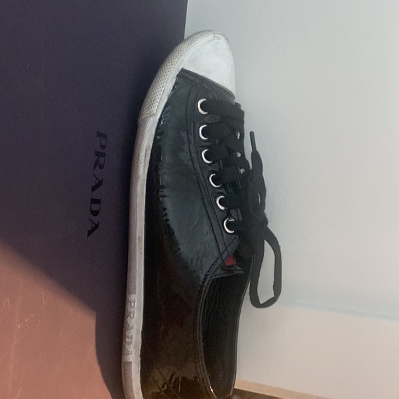 Prada Low top every day shoes. Black with white trim . Size 7. Original box. - Picture 2 of 3